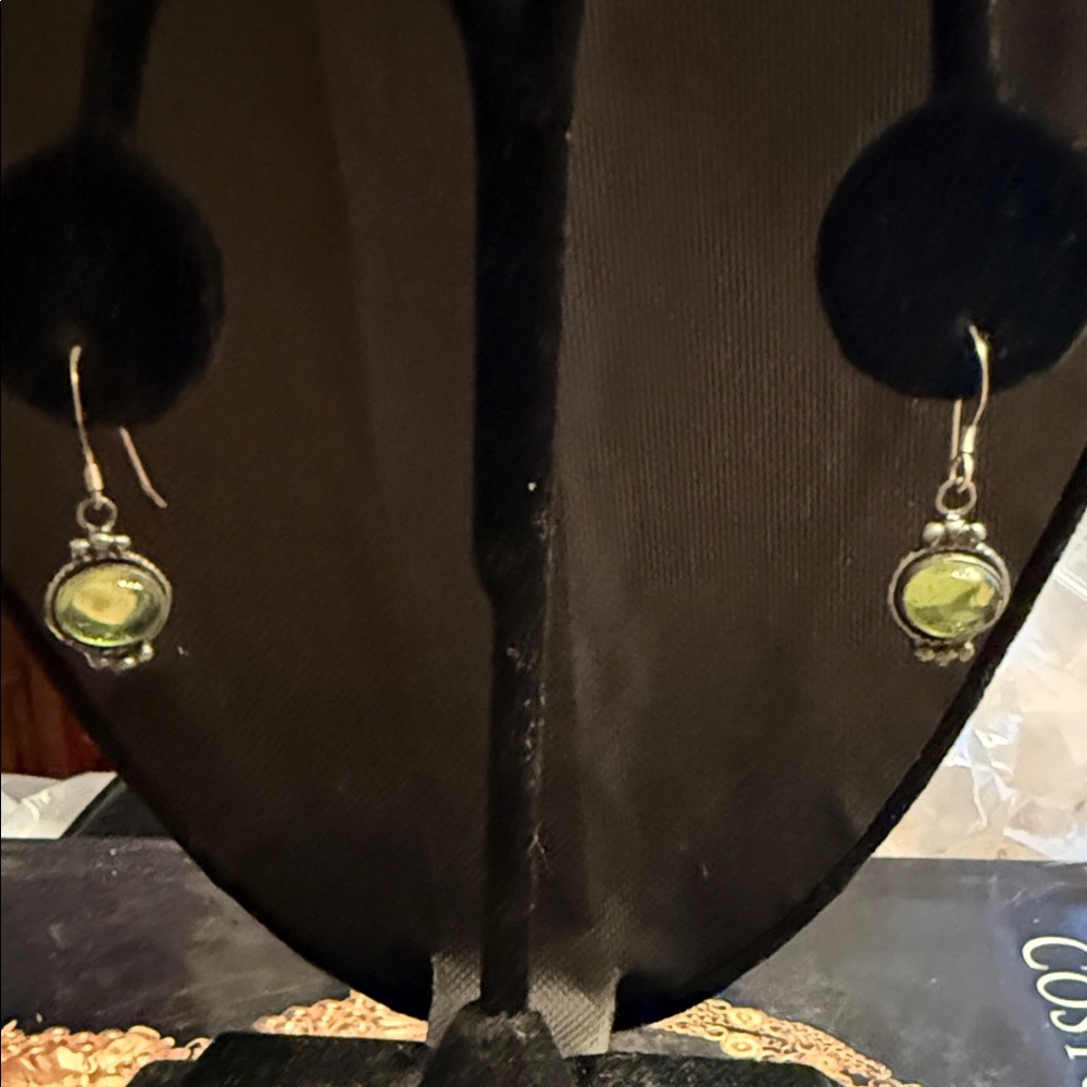 Vintage glass, green dome earrings, sterling silver design, and ear wires